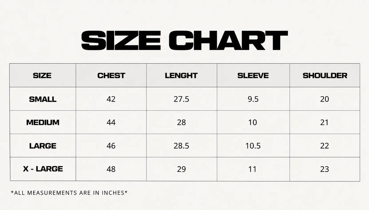 Size Chart — Measurements in Inches
