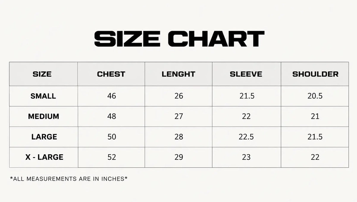 Size Chart — Measurements in Inches